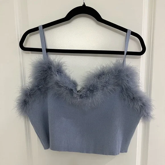 CIDER | Curve & Plus Size Classic Blue Tank with Fur Trim - Picture 5 of 5